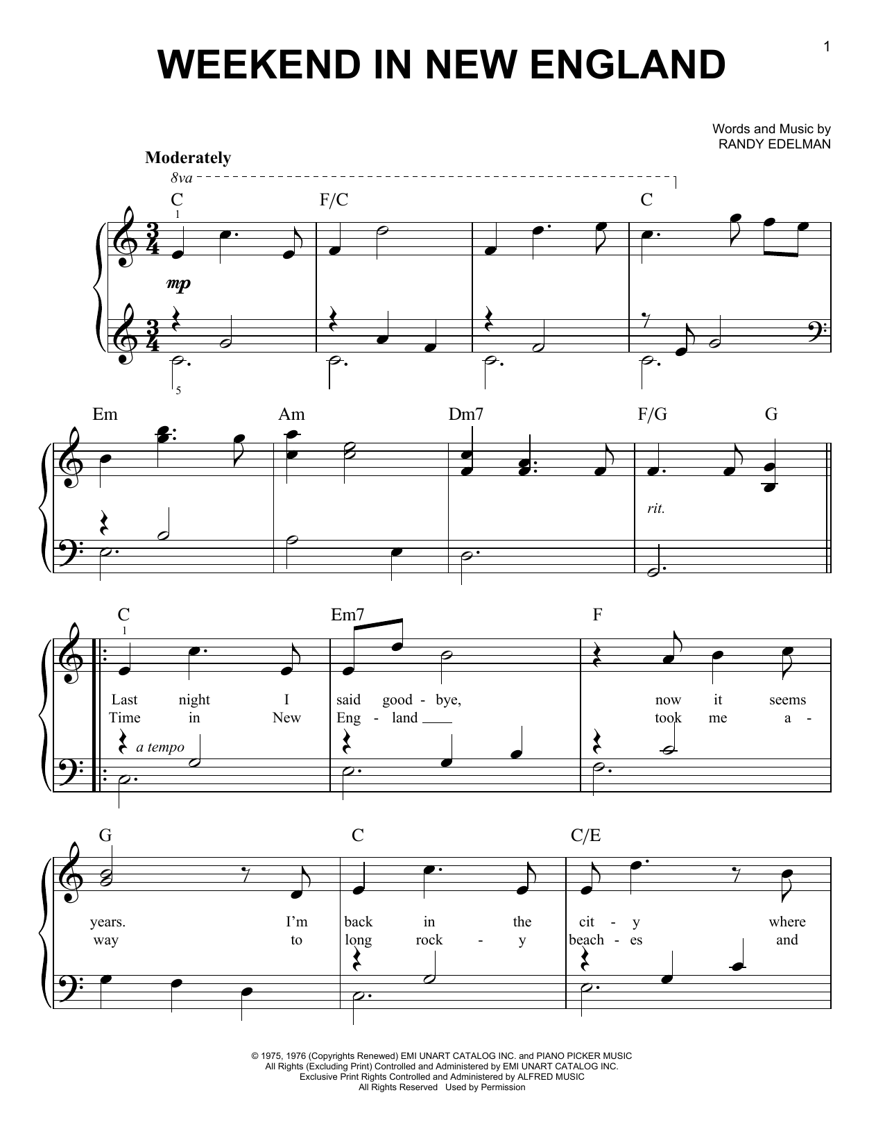 Barry Manilow Weekend In New England Sheet Music Notes & Chords for Easy Piano - Download or Print PDF