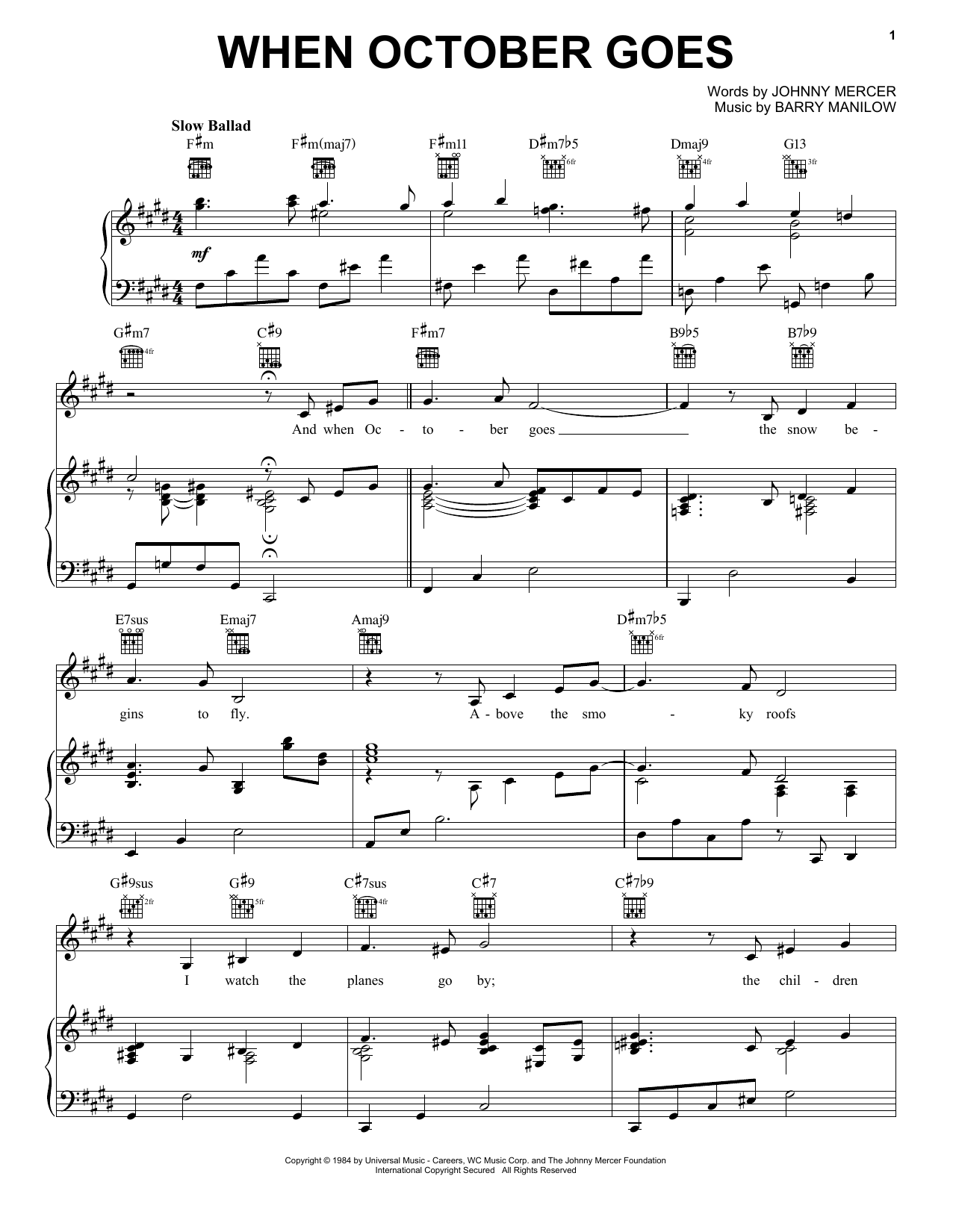 Barry Manilow When October Goes Sheet Music Notes & Chords for Piano, Vocal & Guitar Chords (Right-Hand Melody) - Download or Print PDF