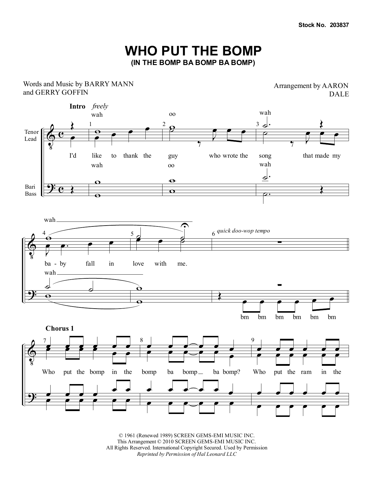 Barry Mann Who Put The Bomp (In The Bomp Ba Bomp Ba Bomp) (arr. Aaron Dale) Sheet Music Notes & Chords for TTBB Choir - Download or Print PDF
