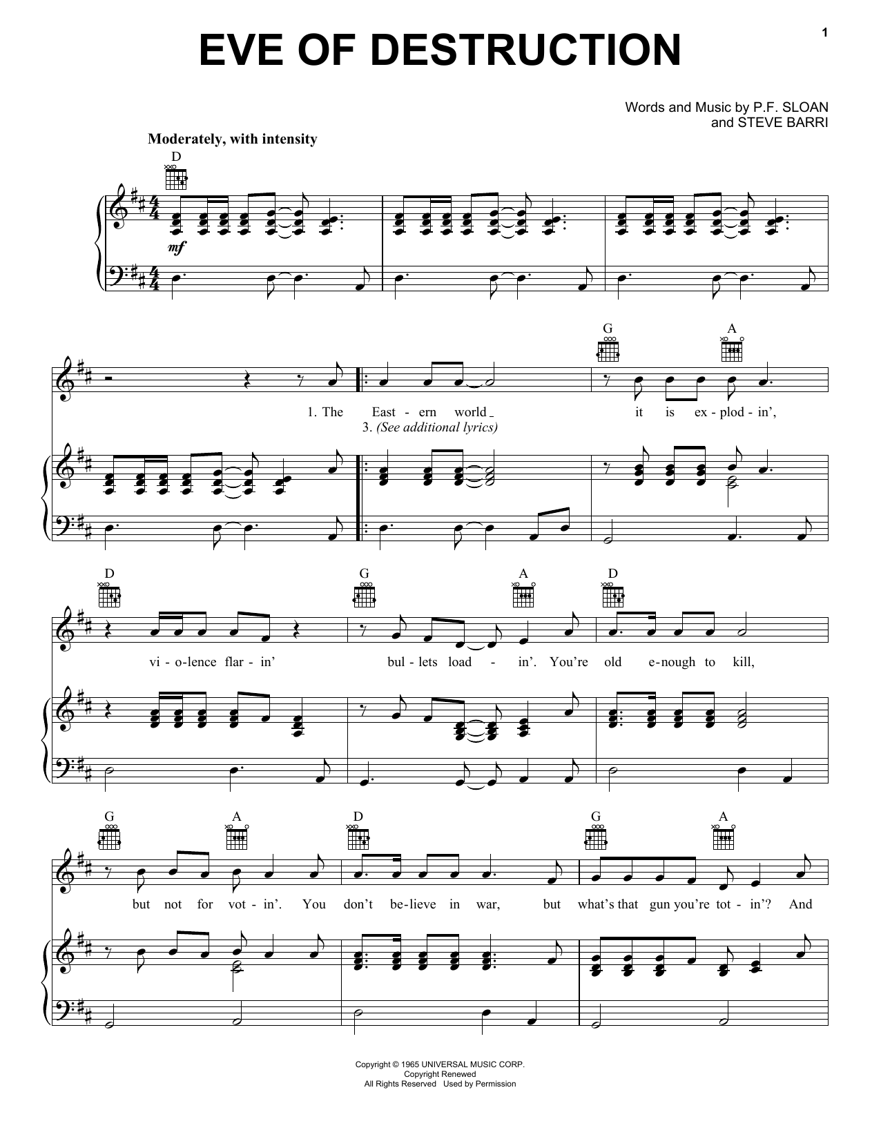 Barry McGuire Eve Of Destruction Sheet Music Notes & Chords for Piano, Vocal & Guitar (Right-Hand Melody) - Download or Print PDF