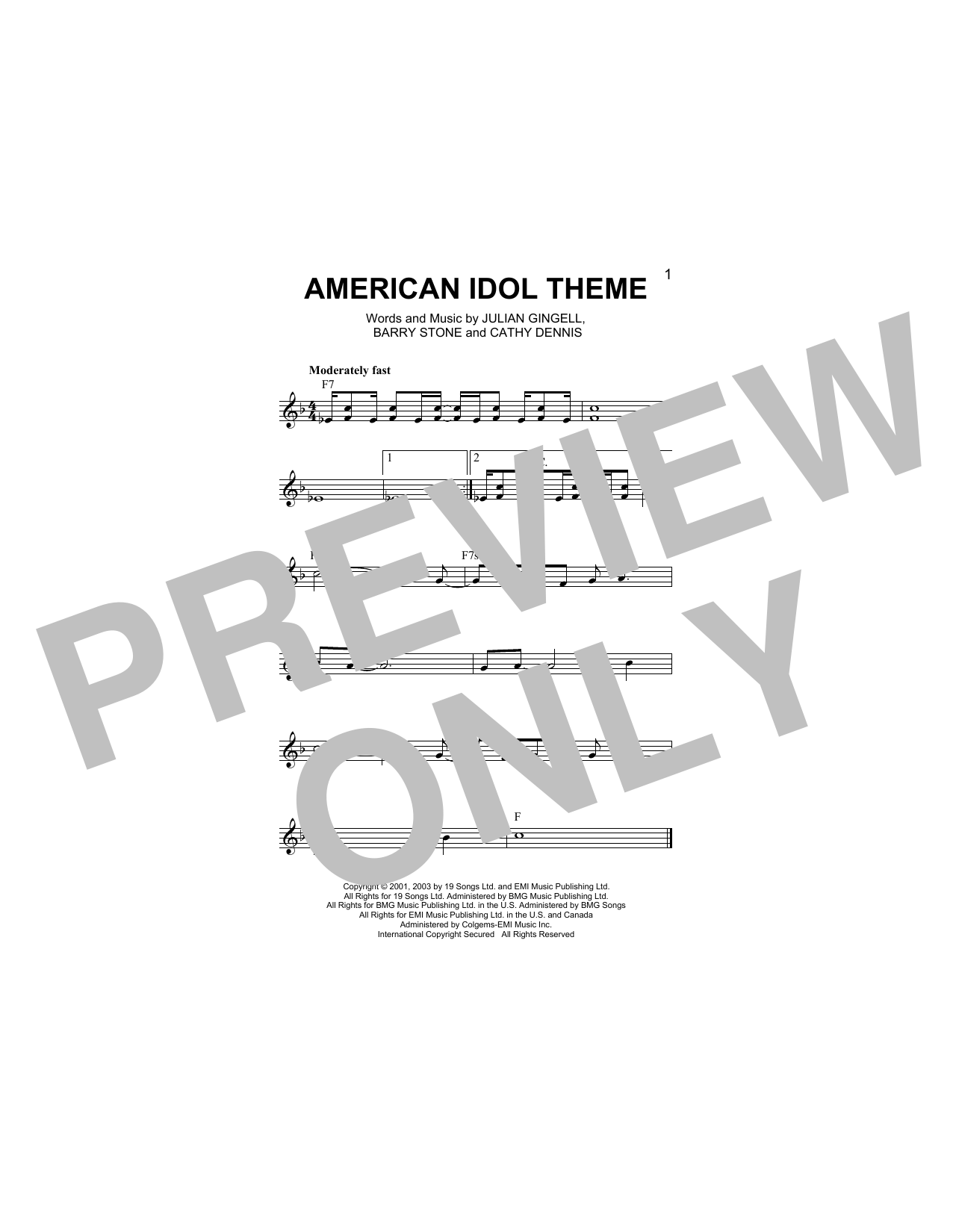 Barry Stone American Idol Theme Sheet Music Notes & Chords for Melody Line, Lyrics & Chords - Download or Print PDF