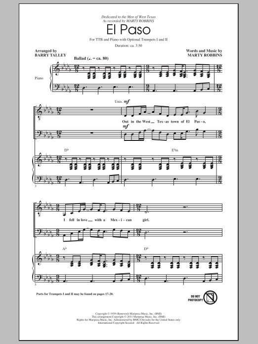 Marty Robbins El Paso (arr. Barry Talley) Sheet Music Notes & Chords for TTBB - Download or Print PDF