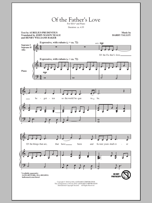 Barry Talley Of The Father's Love Sheet Music Notes & Chords for SSA - Download or Print PDF