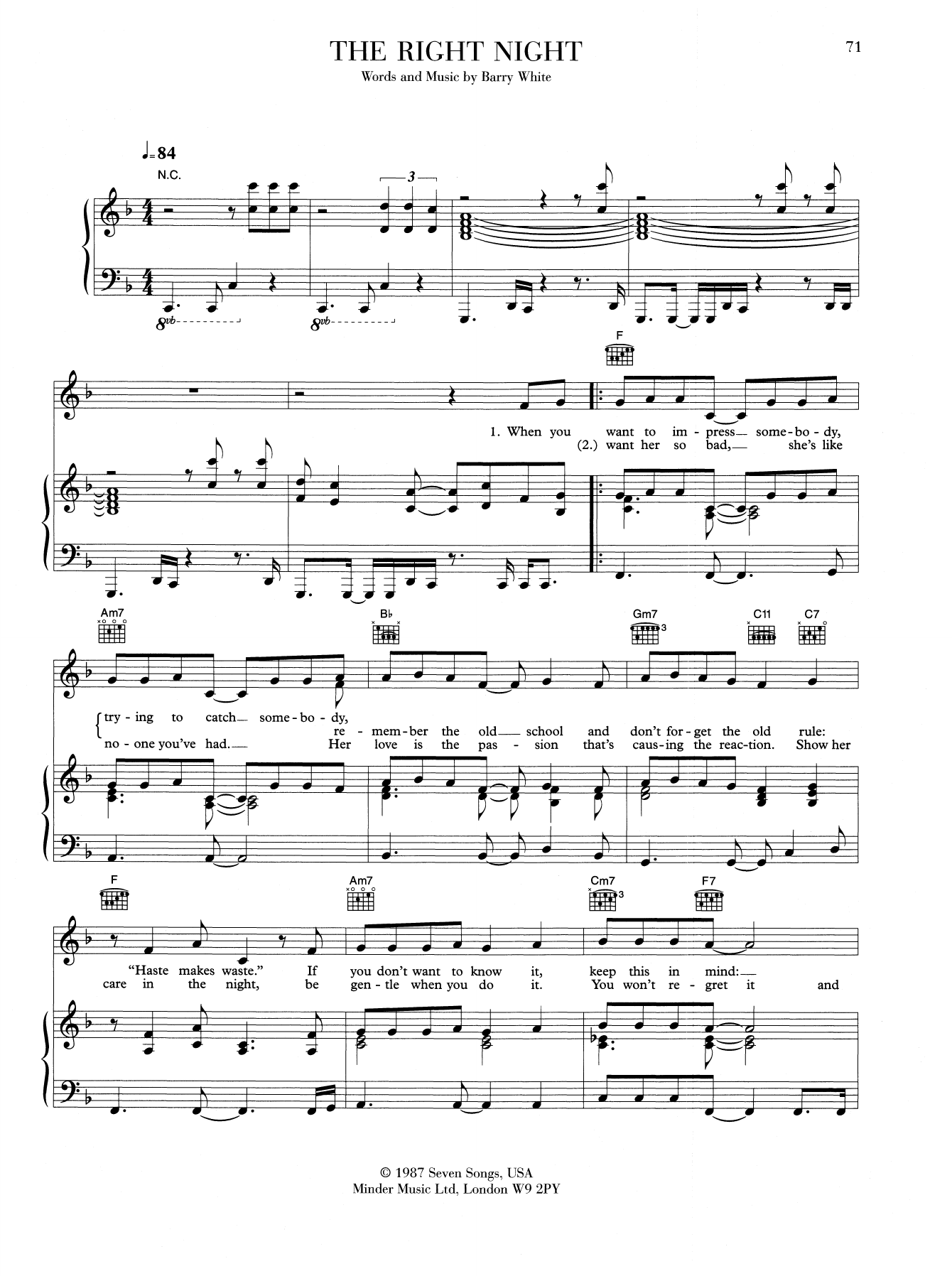 Barry White The Right Night Sheet Music Notes & Chords for Piano, Vocal & Guitar (Right-Hand Melody) - Download or Print PDF