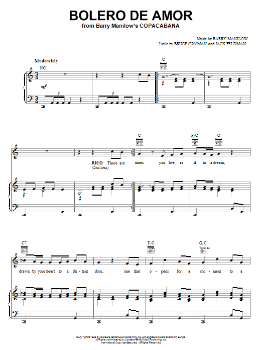 Preview Barry Manilow Bolero De Amor Musicals sheet music, notes and chords for Piano, Vocal & Guitar (Right-Hand Melody), SKU: 18041 Bolero De Amor sheet music