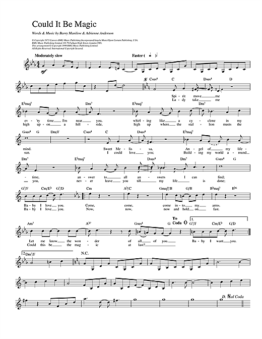 Preview Barry Manilow Could It Be Magic Pop sheet music, notes and chords for Melody Line, Lyrics & Chords, SKU: 14010 Could It Be Magic sheet music