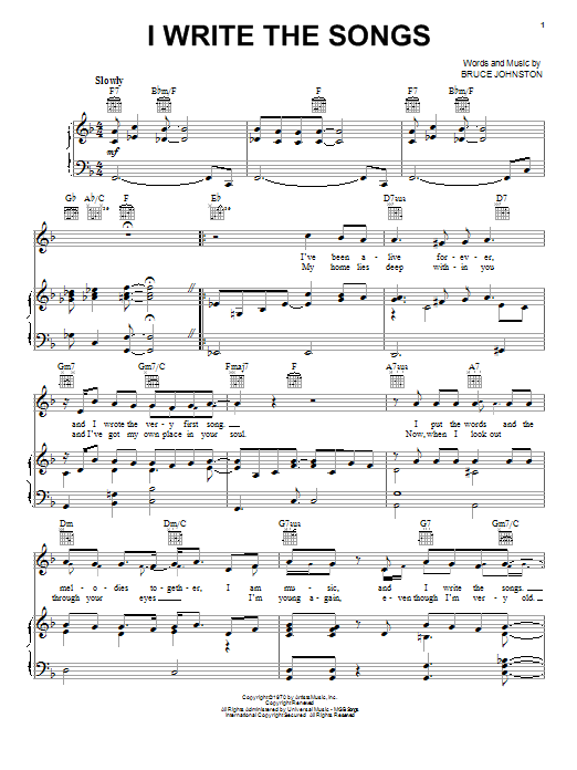 Preview Barry Manilow I Write The Songs Rock sheet music, notes and chords for Piano, SKU: 72488 I Write The Songs sheet music