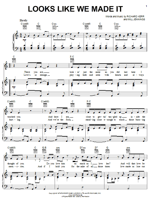 Preview Barry Manilow Looks Like We Made It Pop sheet music, notes and chords for Voice, SKU: 194668 Looks Like We Made It sheet music