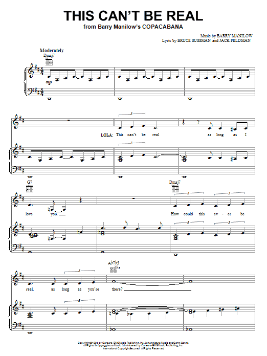 Preview Barry Manilow This Can't Be Real Musicals sheet music, notes and chords for Piano, Vocal & Guitar (Right-Hand Melody), SKU: 18042 This Can't Be Real sheet music