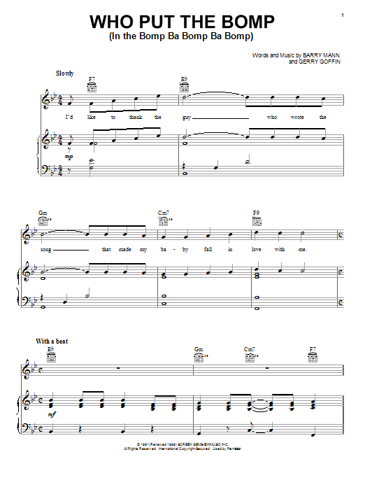 Preview Barry Mann Who Put The Bomp (In The Bomp Ba Bomp Ba Bomp) Classics sheet music, notes and chords for Piano, Vocal & Guitar (Right-Hand Melody), SKU: 18345 Who Put The Bomp (In The Bomp Ba Bomp Ba Bomp) sheet music