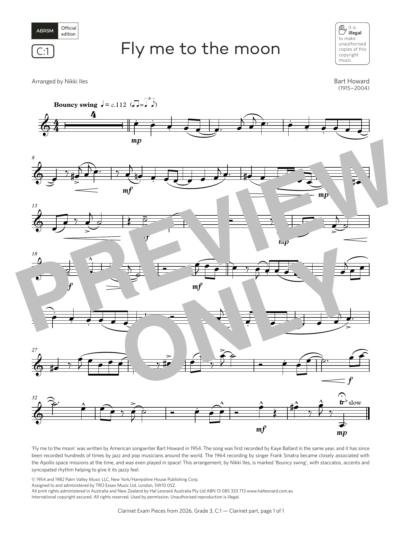 Bart Howard Fly me to the moon (Grade 3, list C1, from the ABRSM Clarinet Syllabus from 2026) Sheet Music Notes & Chords for Clarinet Solo - Download or Print PDF Bart Howard Fly me to the moon (Grade 3, list C1, from the ABRSM Clarinet Syllabus from 2026) Sheet Music Notes & Chords for Clarinet Solo - Download or Print PDF