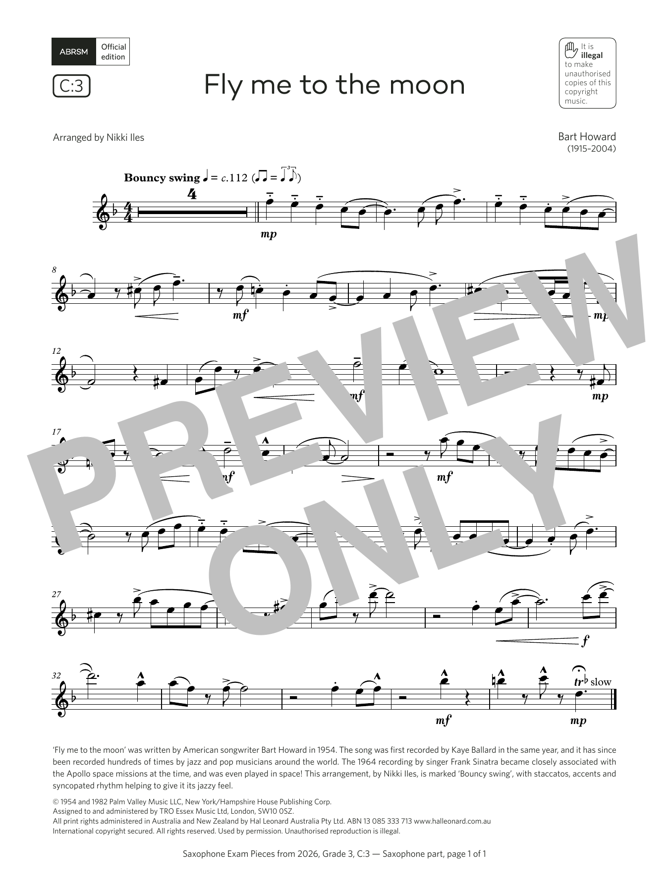 Bart Howard Fly me to the moon (Grade 3, list C3, from the ABRSM Saxophone Syllabus from 2026) Sheet Music Notes & Chords for Alto Sax Solo - Download or Print PDF Bart Howard Fly me to the moon (Grade 3, list C3, from the ABRSM Saxophone Syllabus from 2026) Sheet Music Notes & Chords for Alto Sax Solo - Download or Print PDF