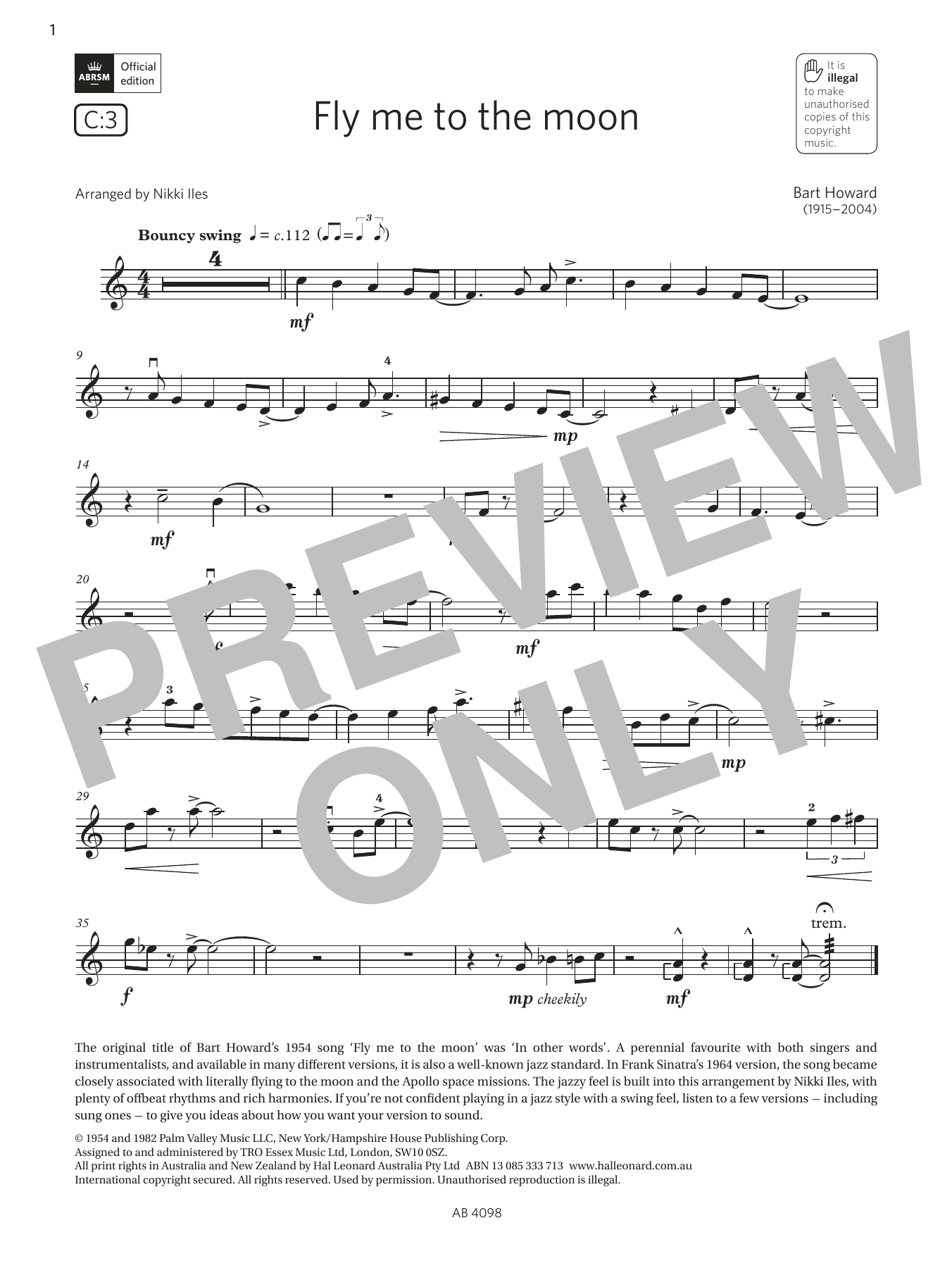 Bart Howard Fly me to the moon (Grade 4, C3, from the ABRSM Violin Syllabus from 2024) Sheet Music Notes & Chords for Violin Solo - Download or Print PDF