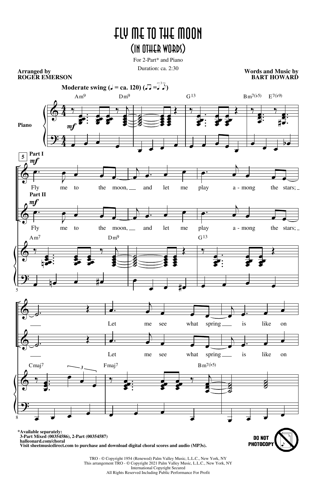 Bart Howard Fly Me To The Moon (In Other Words) (arr. Roger Emerson) Sheet Music Notes & Chords for 3-Part Mixed Choir - Download or Print PDF