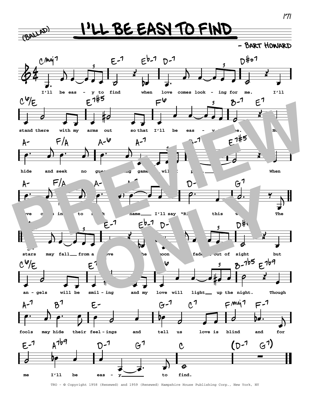 Bart Howard I'll Be Easy To Find (Low Voice) Sheet Music Notes & Chords for Real Book – Melody, Lyrics & Chords - Download or Print PDF
