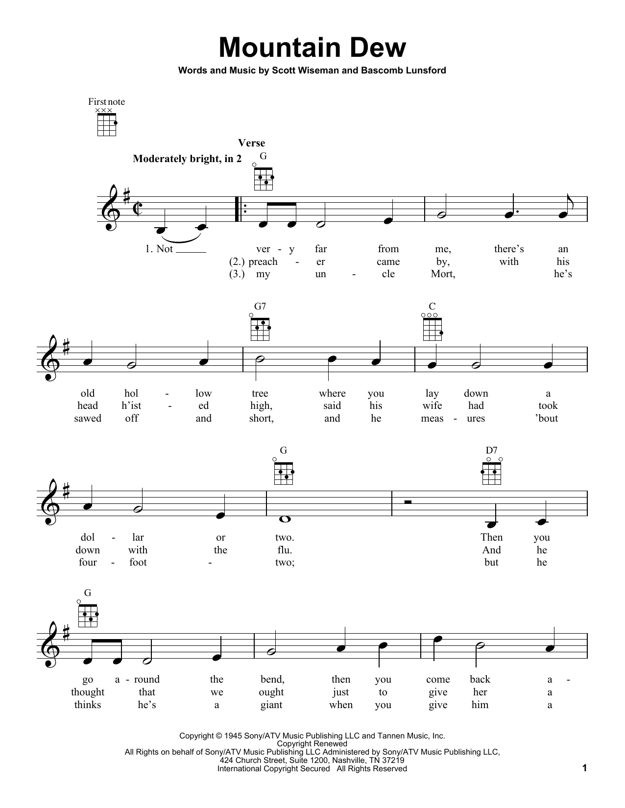 Bascomb Lunsford Mountain Dew Sheet Music Notes & Chords for Ukulele - Download or Print PDF