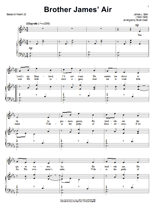 Based on Psalm 23 Brother James' Air Sheet Music Notes & Chords for Piano, Vocal & Guitar (Right-Hand Melody) - Download or Print PDF