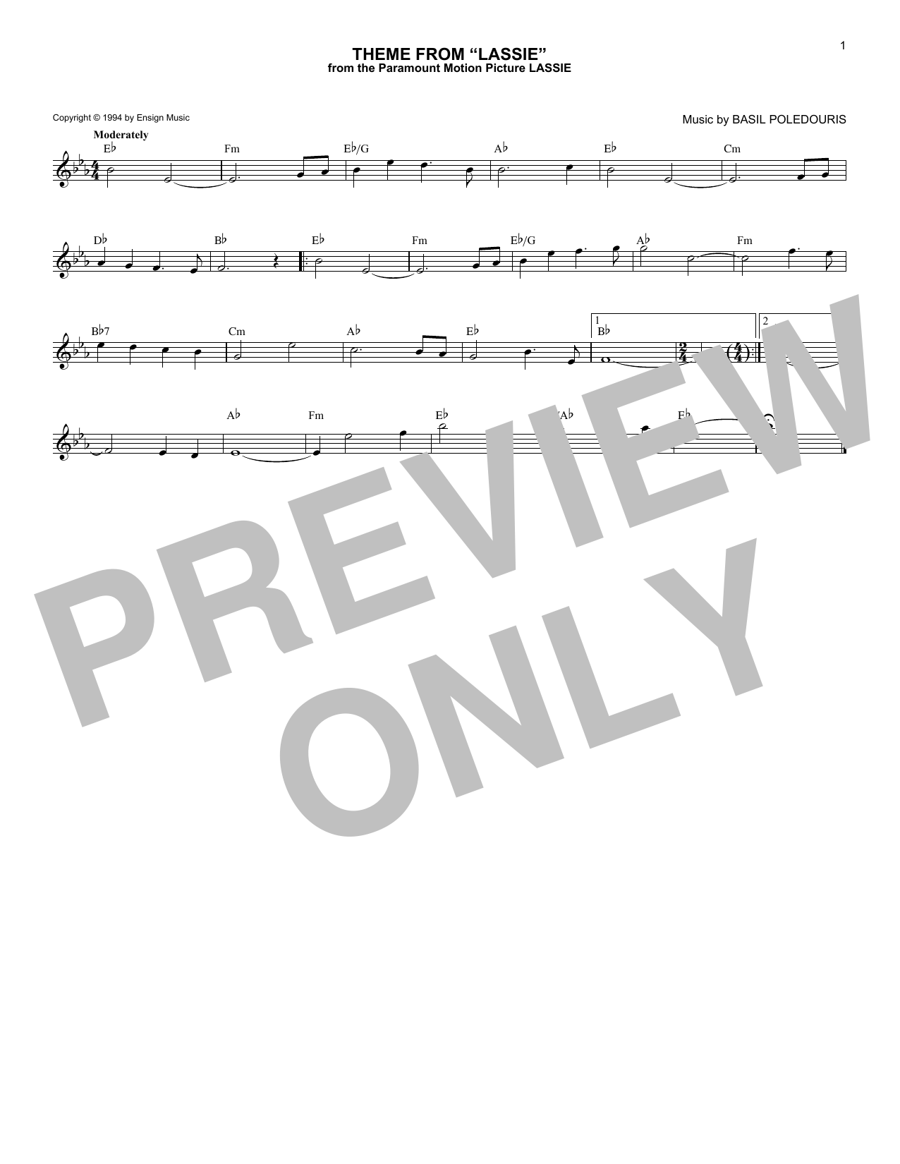 Basil Poledouris Theme From Lassie Sheet Music Notes & Chords for Melody Line, Lyrics & Chords - Download or Print PDF