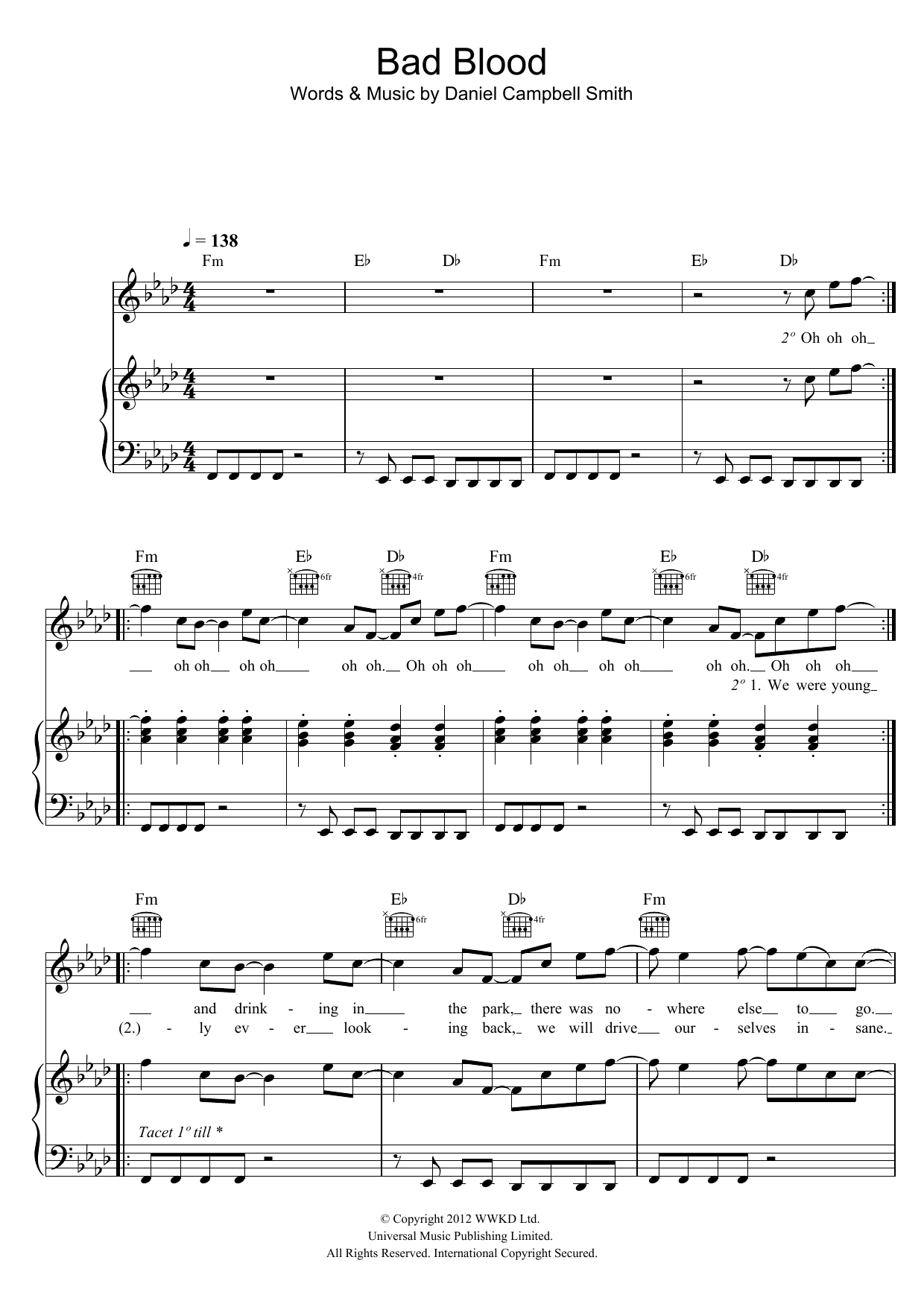 Bastille Bad Blood Sheet Music Notes & Chords for Piano, Vocal & Guitar (Right-Hand Melody) - Download or Print PDF