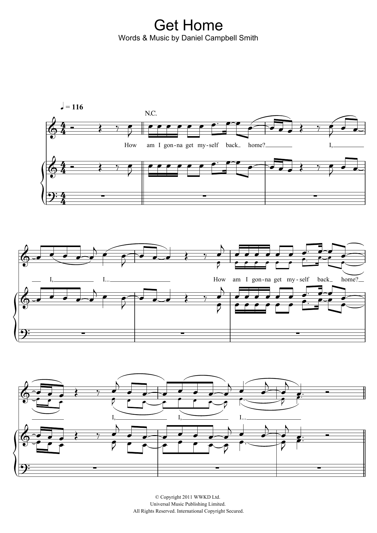 Bastille Get Home Sheet Music Notes & Chords for Piano, Vocal & Guitar (Right-Hand Melody) - Download or Print PDF