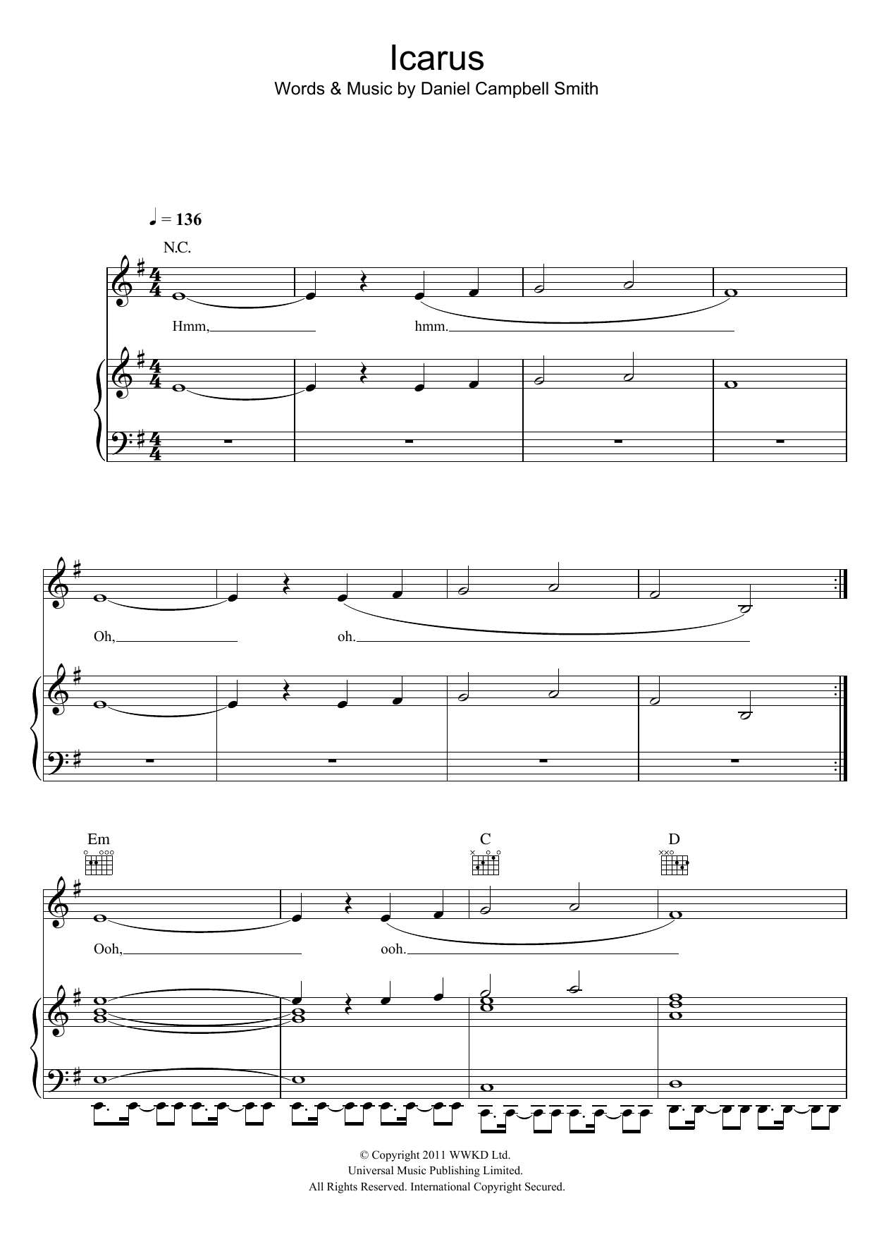Bastille Icarus Sheet Music Notes & Chords for Piano, Vocal & Guitar (Right-Hand Melody) - Download or Print PDF