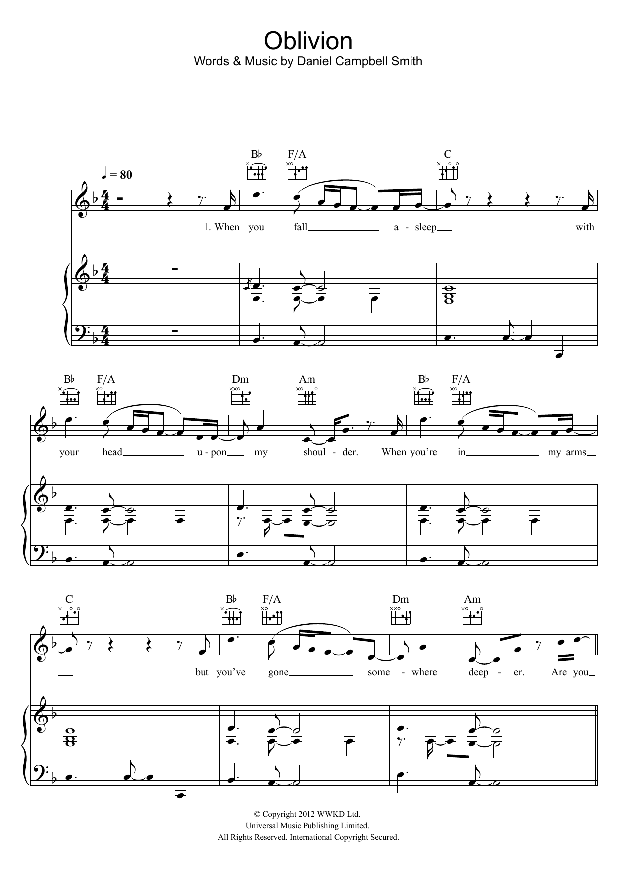 Bastille Oblivion Sheet Music Notes & Chords for Piano, Vocal & Guitar - Download or Print PDF