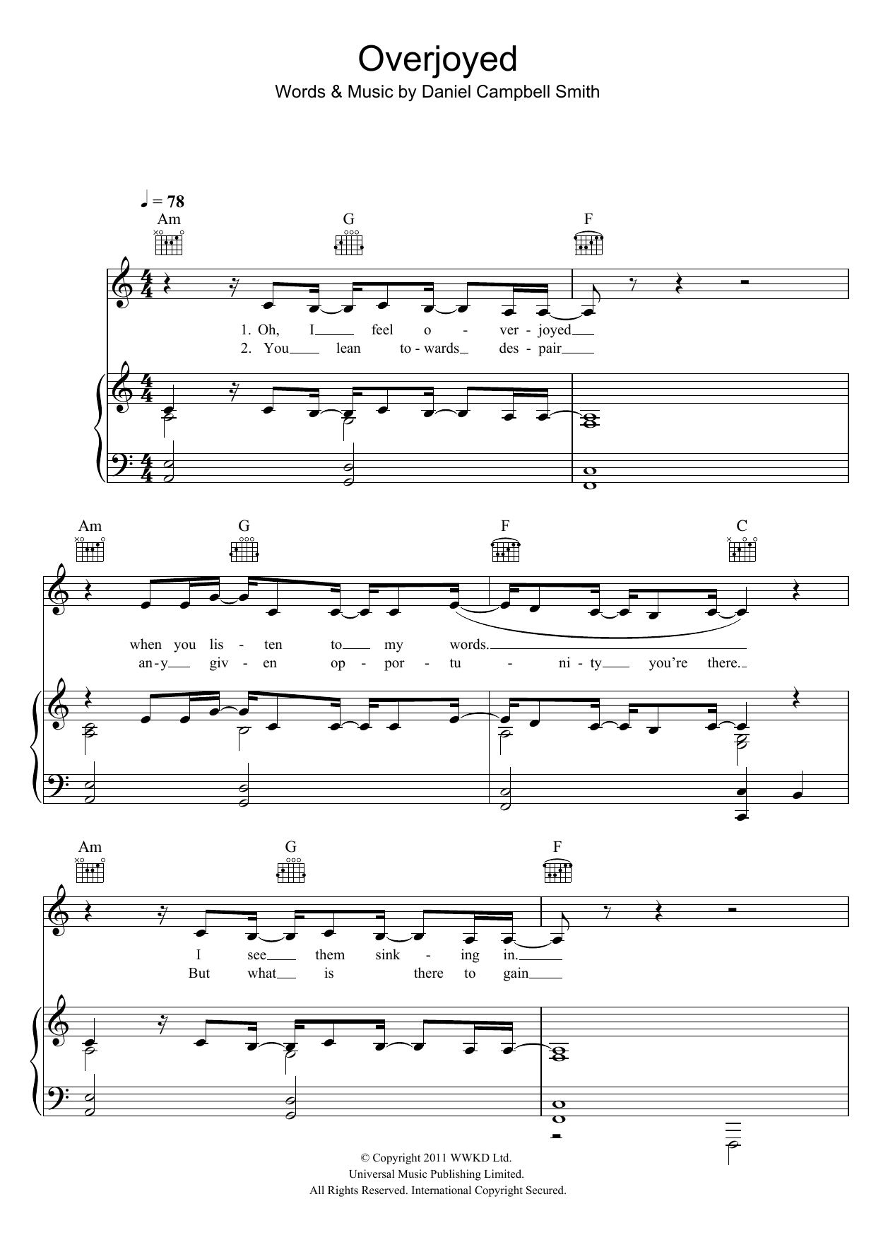Bastille Overjoyed Sheet Music Notes & Chords for Piano, Vocal & Guitar (Right-Hand Melody) - Download or Print PDF