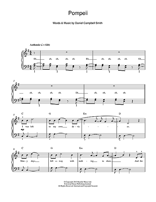 Bastille Pompeii Sheet Music Notes & Chords for Beginner Piano - Download or Print PDF