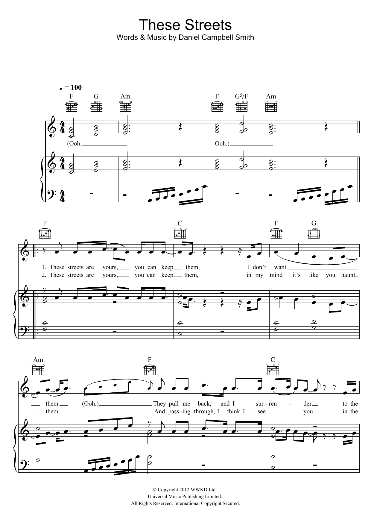 Bastille These Streets Sheet Music Notes & Chords for Piano, Vocal & Guitar (Right-Hand Melody) - Download or Print PDF
