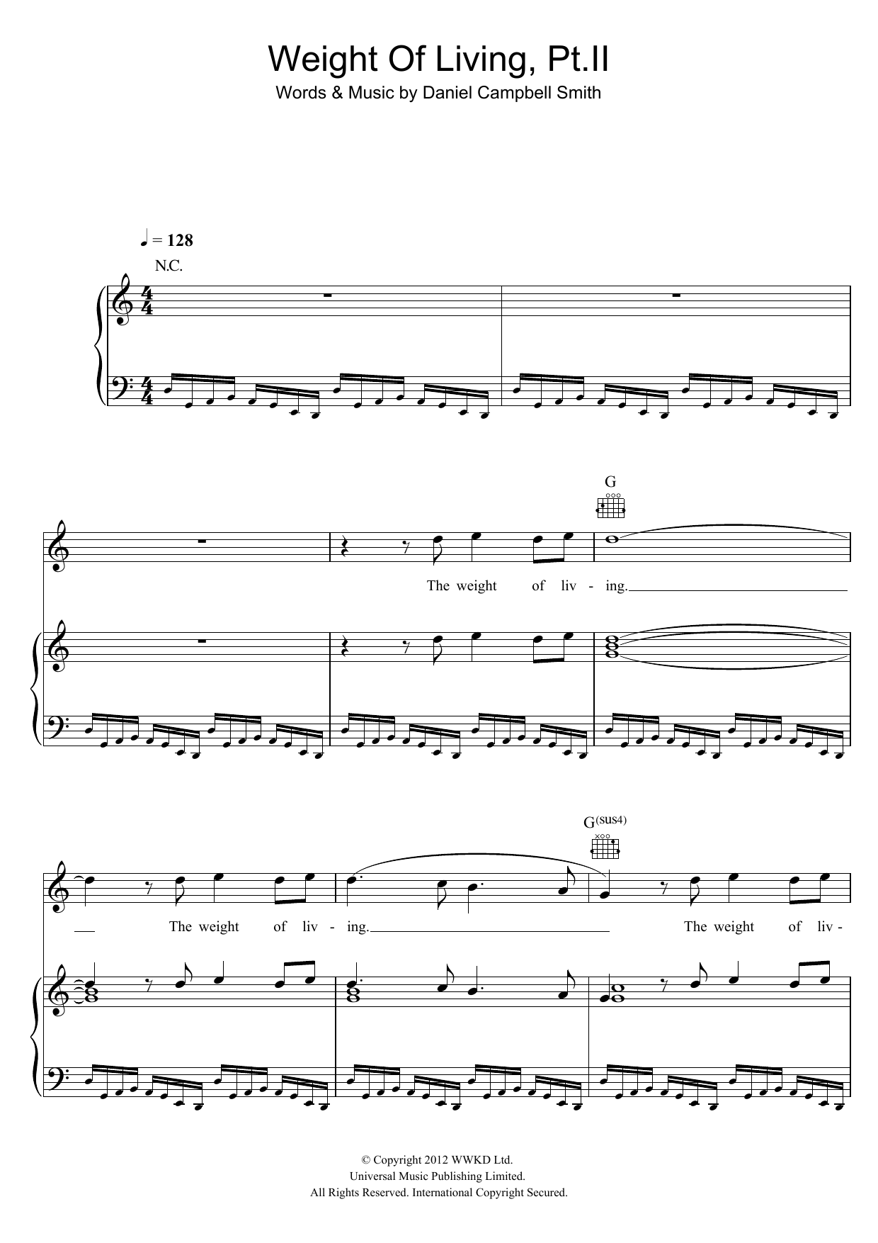 Bastille Weight Of Living, Pt. II Sheet Music Notes & Chords for Piano, Vocal & Guitar (Right-Hand Melody) - Download or Print PDF