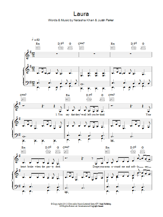 Bat For Lashes Laura Sheet Music Notes & Chords for Piano, Vocal & Guitar (Right-Hand Melody) - Download or Print PDF