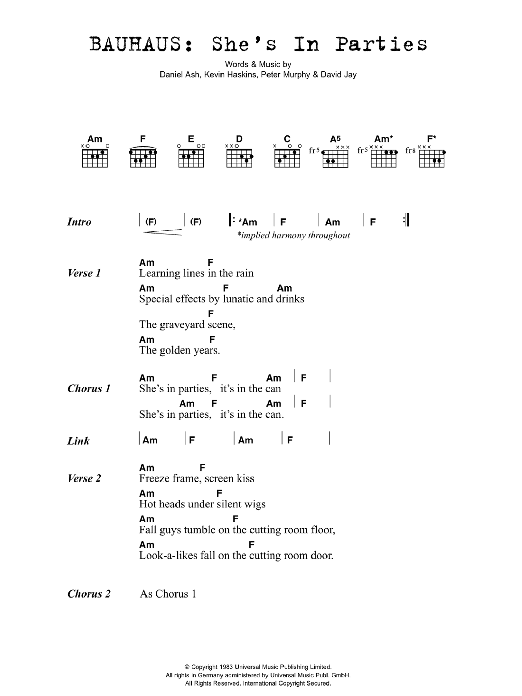 Bauhaus She's In Parties Sheet Music Notes & Chords for Lyrics & Chords - Download or Print PDF