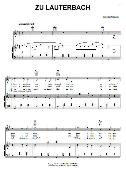 Bavarian Folksong Zu Lauterbach (At Lauterbach) Sheet Music Notes & Chords for Piano, Vocal & Guitar (Right-Hand Melody) - Download or Print PDF