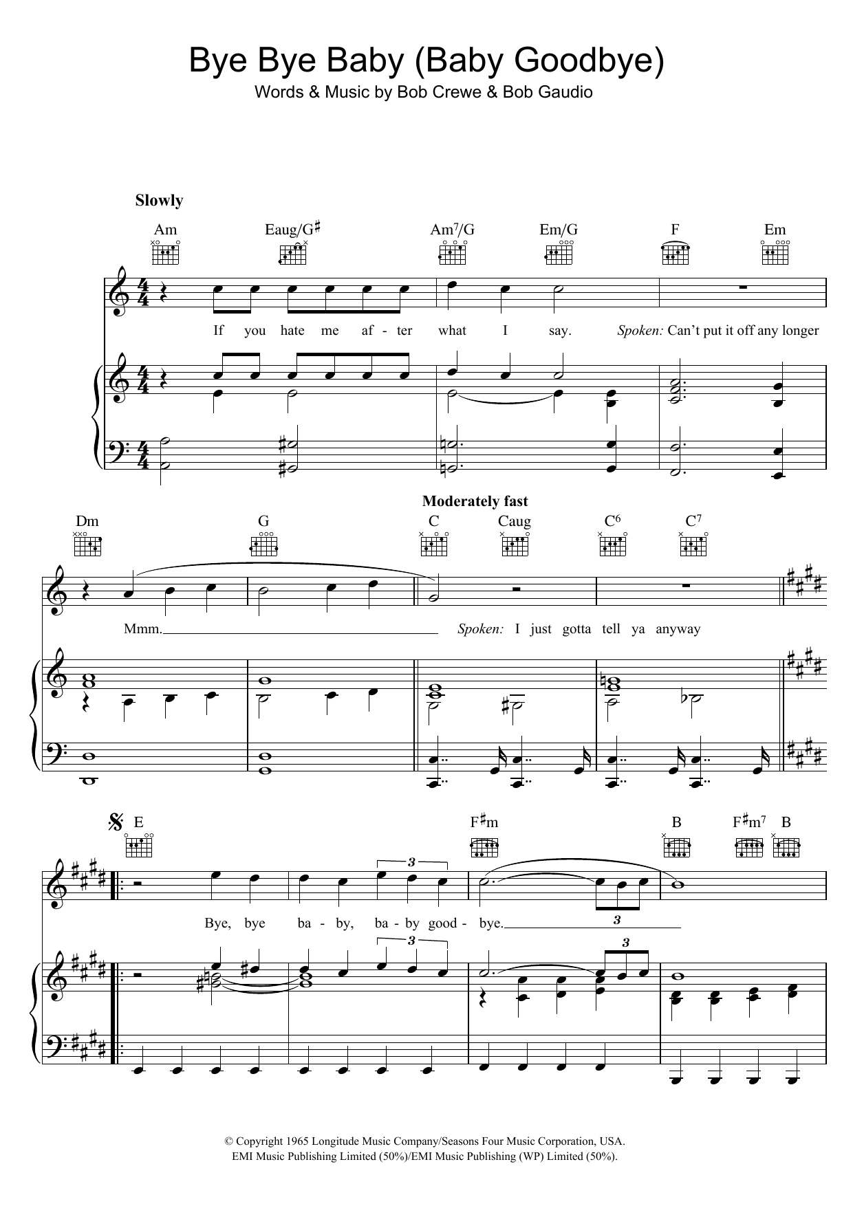 Bay City Rollers Bye Bye Baby (Baby Goodbye) Sheet Music Notes & Chords for Lyrics & Chords - Download or Print PDF