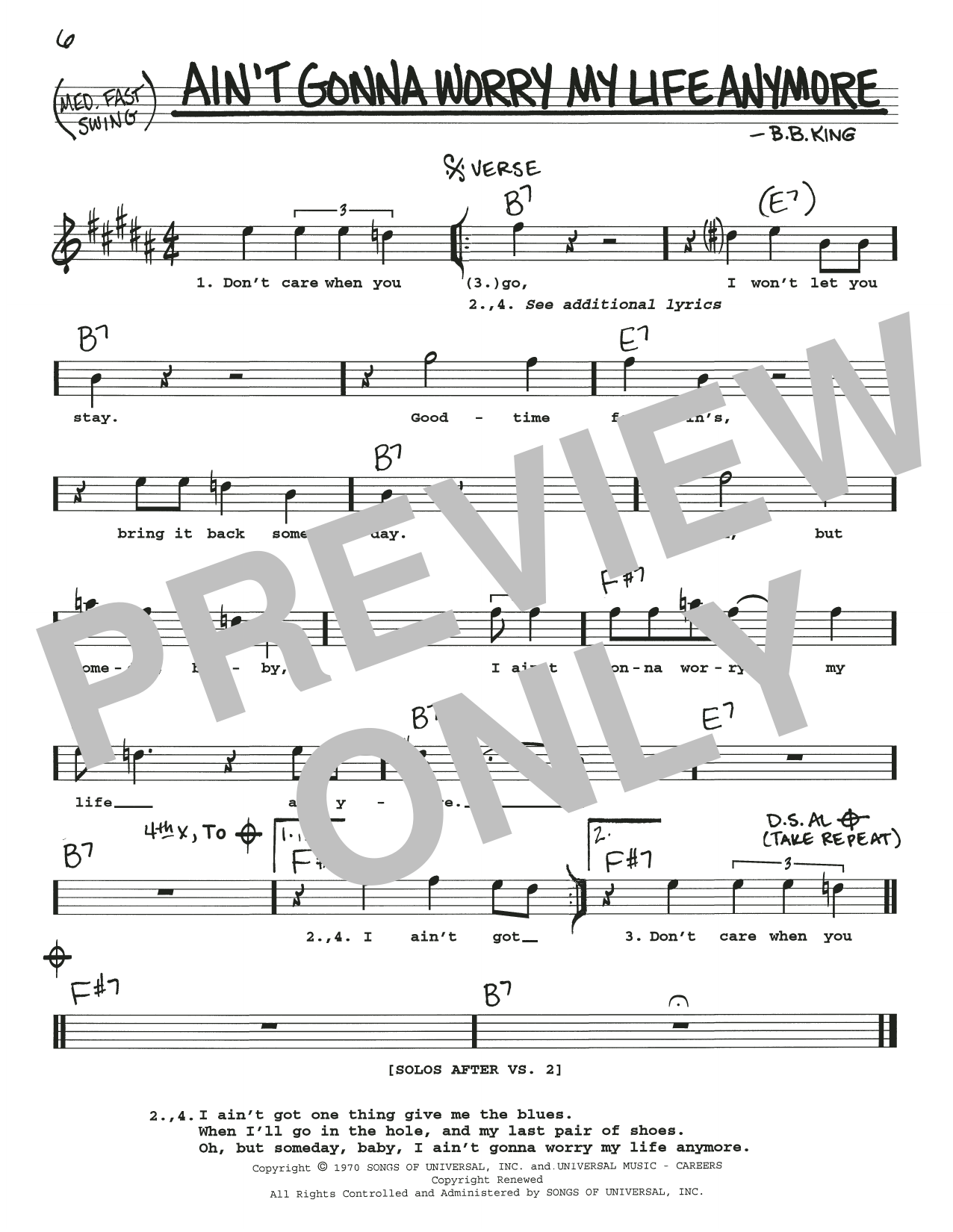 B.B. King Ain't Gonna Worry My Life Anymore Sheet Music Notes & Chords for Real Book – Melody, Lyrics & Chords - Download or Print PDF B.B. King Ain't Gonna Worry My Life Anymore Sheet Music Notes & Chords for Real Book – Melody, Lyrics & Chords - Download or Print PDF