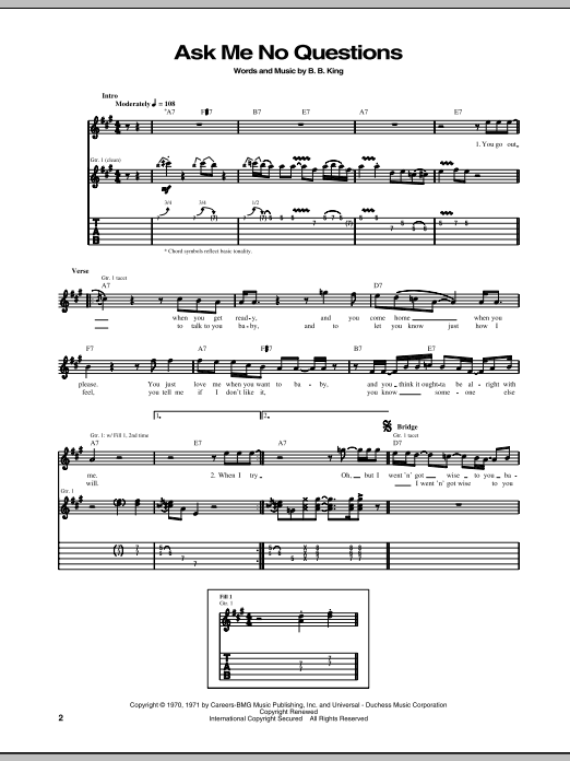 B.B. King Ask Me No Questions Sheet Music Notes & Chords for Guitar Tab - Download or Print PDF B.B. King Ask Me No Questions Sheet Music Notes & Chords for Guitar Tab - Download or Print PDF