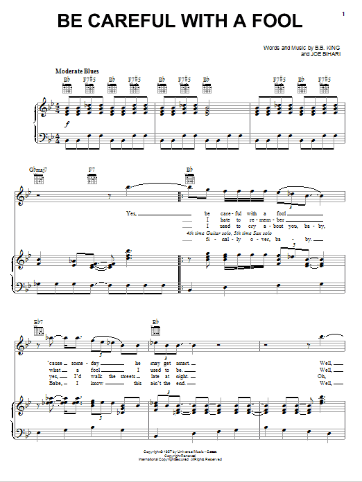 B.B. King Be Careful With A Fool Sheet Music Notes & Chords for Piano, Vocal & Guitar (Right-Hand Melody) - Download or Print PDF B.B. King Be Careful With A Fool Sheet Music Notes & Chords for Piano, Vocal & Guitar (Right-Hand Melody) - Download or Print PDF