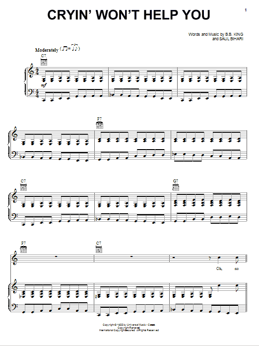 B.B. King Cryin' Won't Help You Sheet Music Notes & Chords for Piano, Vocal & Guitar (Right-Hand Melody) - Download or Print PDF