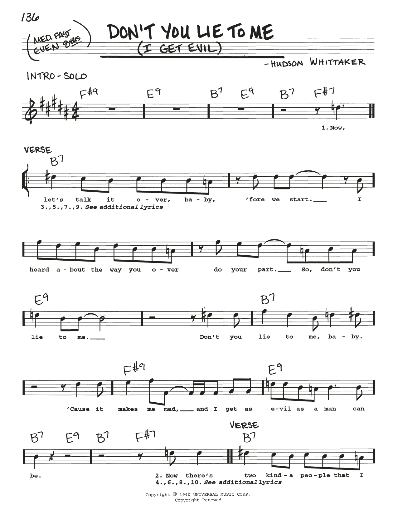 B.B. King Don't You Lie To Me (I Get Evil) Sheet Music Notes & Chords for Real Book – Melody, Lyrics & Chords - Download or Print PDF