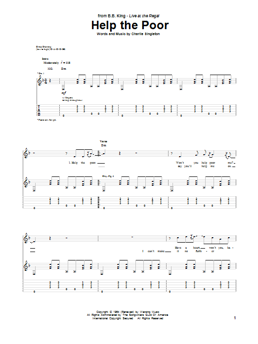 B.B. King Help The Poor Sheet Music Notes & Chords for Piano, Vocal & Guitar Chords (Right-Hand Melody) - Download or Print PDF