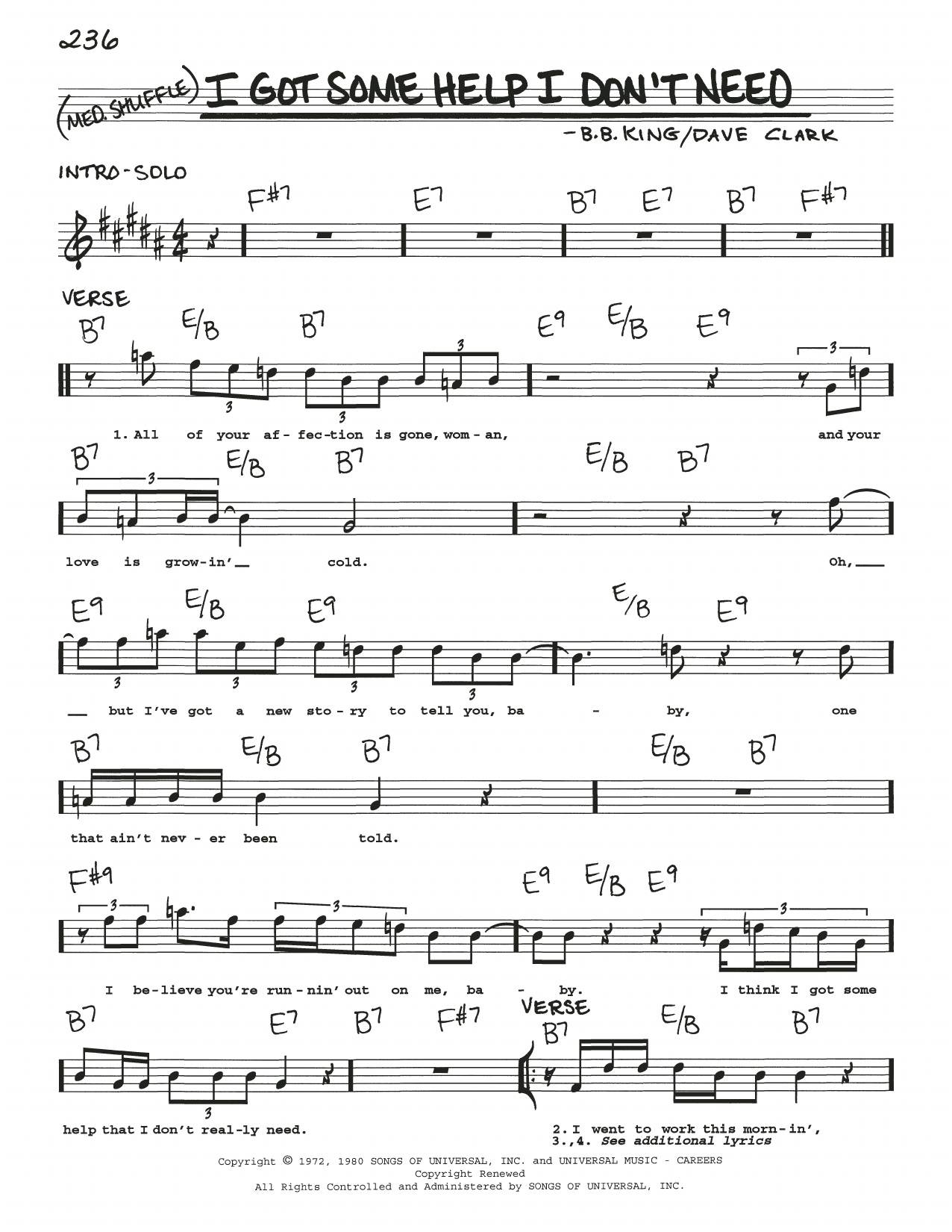 B.B. King I Got Some Help I Don't Need Sheet Music Notes & Chords for Real Book – Melody, Lyrics & Chords - Download or Print PDF
