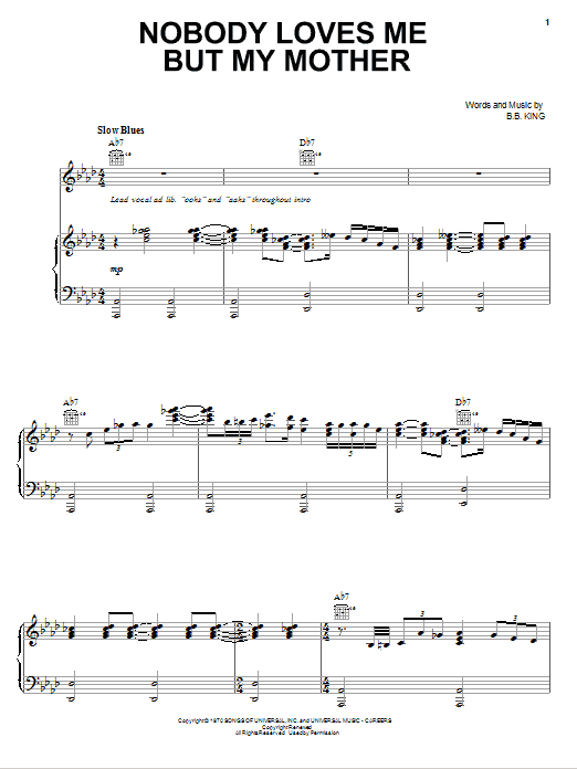 B.B. King Nobody Loves Me But My Mother Sheet Music Notes & Chords for Piano, Vocal & Guitar (Right-Hand Melody) - Download or Print PDF B.B. King Nobody Loves Me But My Mother Sheet Music Notes & Chords for Piano, Vocal & Guitar (Right-Hand Melody) - Download or Print PDF