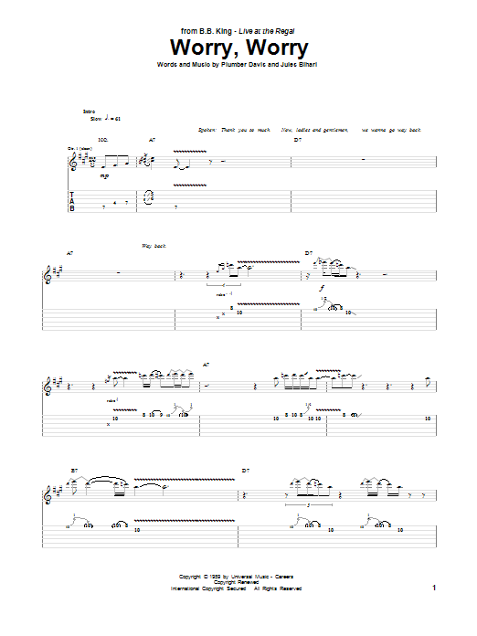 B.B. King Worry, Worry Sheet Music Notes & Chords for Guitar Tab - Download or Print PDF