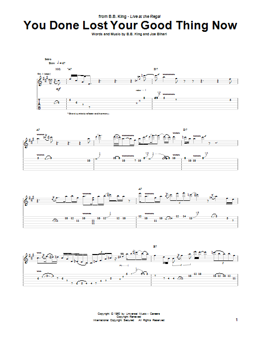 B.B. King You Done Lost Your Good Thing Now Sheet Music Notes & Chords for Guitar Tab - Download or Print PDF