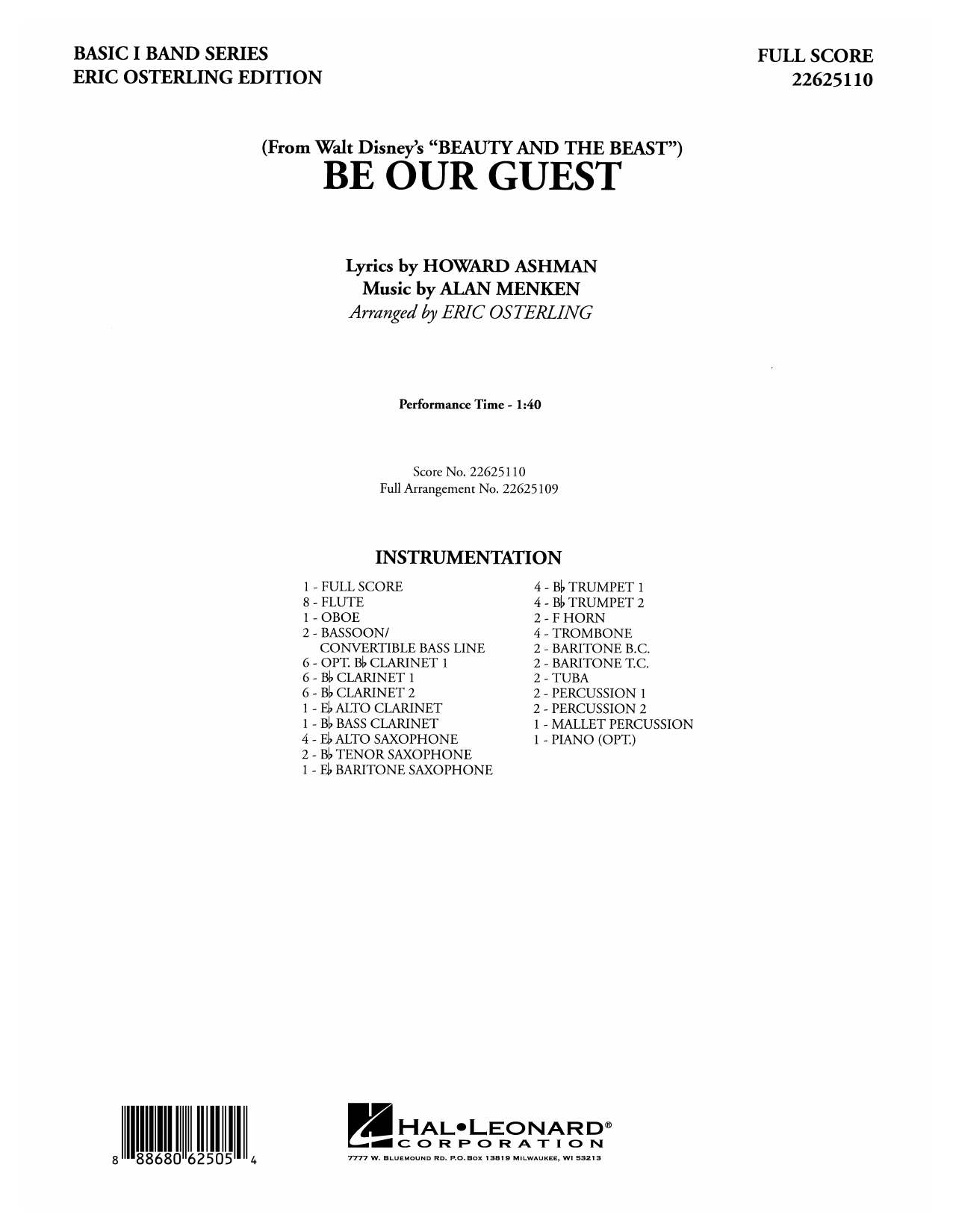 Alan Menken Be Our Guest From Beauty And The Beast Arr Eric Osterling Full Score Sheet Music Download Pdf Score