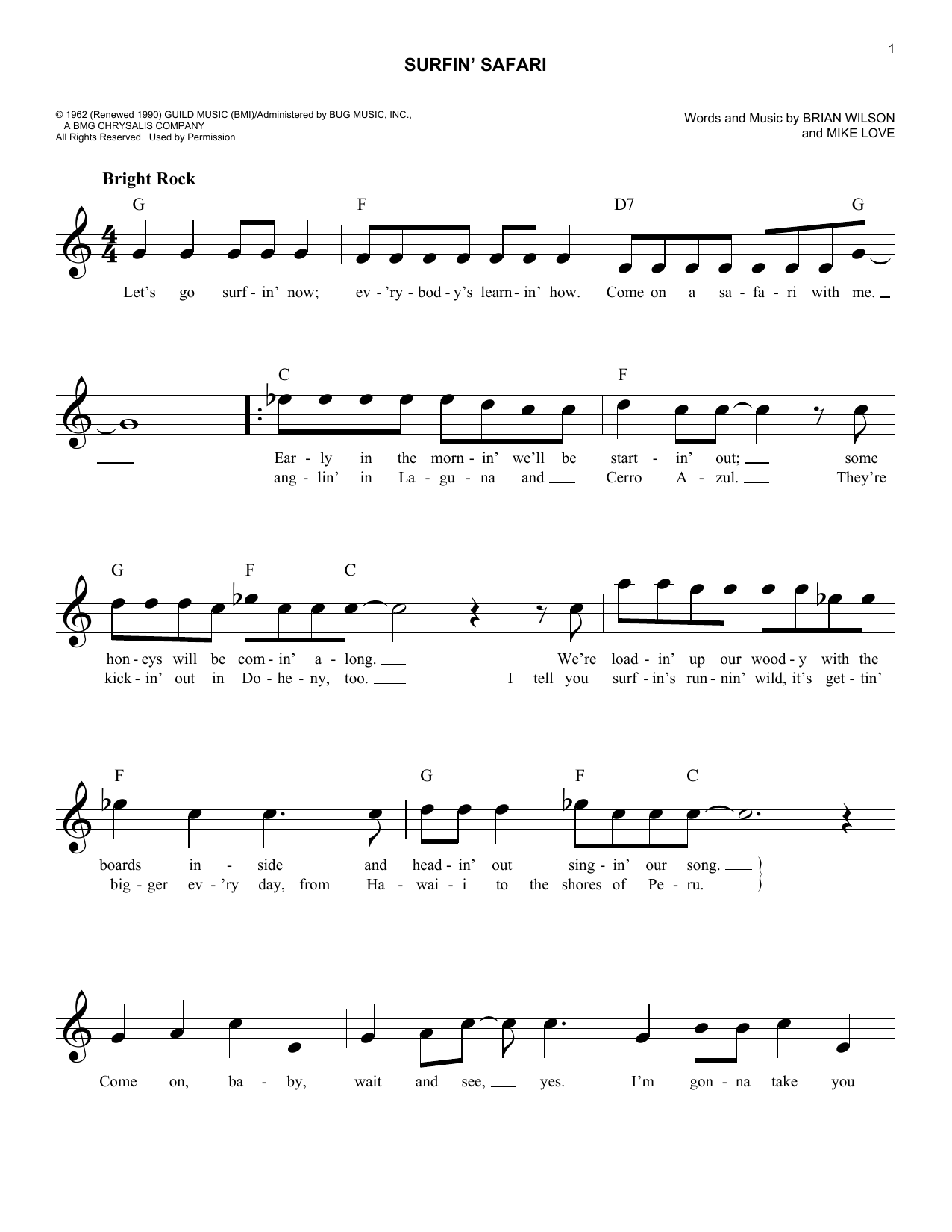 Beach Boys Surfin' Safari Sheet Music Notes & Chords for Melody Line, Lyrics & Chords - Download or Print PDF
