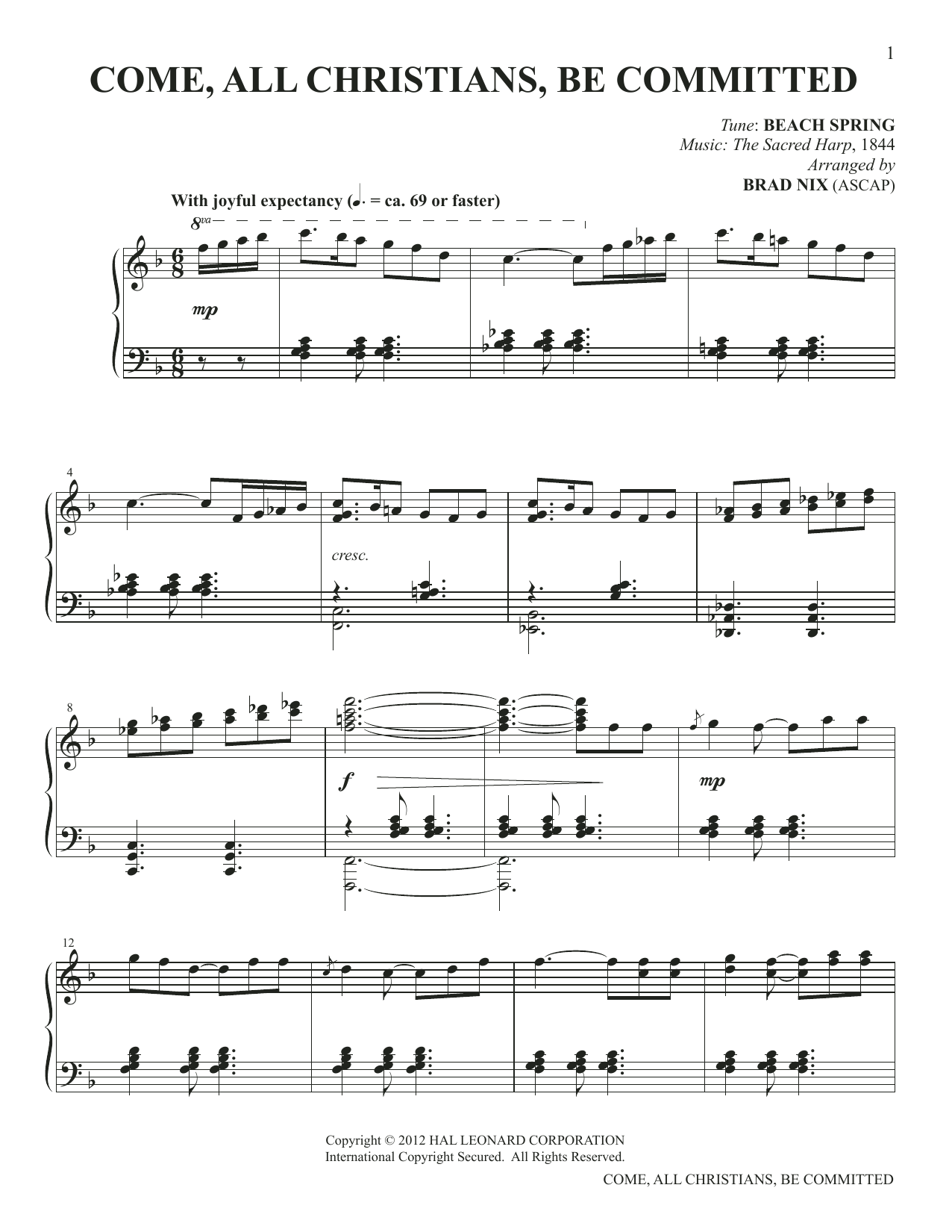 Beach Spring from Sacred Harp Come, All Christians, Be Committed (arr. Brad Nix) Sheet Music Notes & Chords for Piano Solo - Download or Print PDF