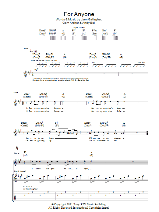 Beady Eye For Anyone Sheet Music Notes & Chords for Guitar Tab - Download or Print PDF