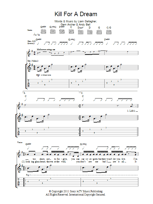 Beady Eye Kill For A Dream Sheet Music Notes & Chords for Guitar Tab - Download or Print PDF