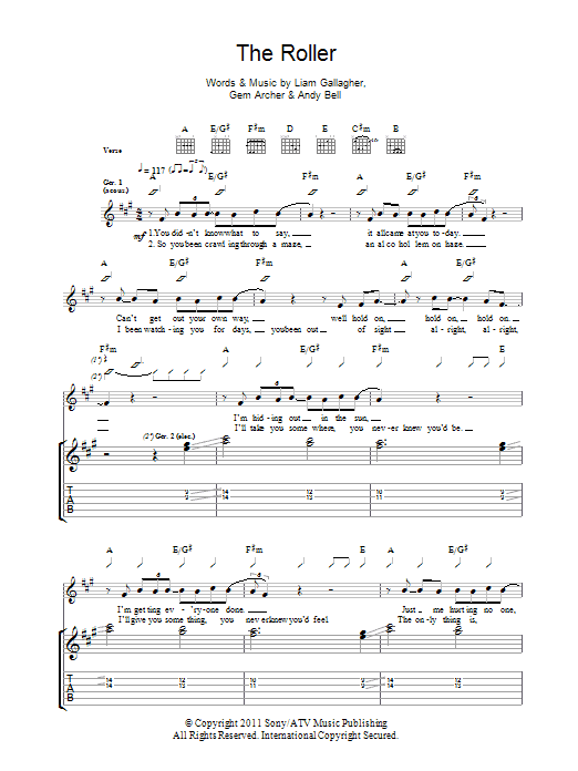 Beady Eye The Roller Sheet Music Notes & Chords for Guitar Tab - Download or Print PDF